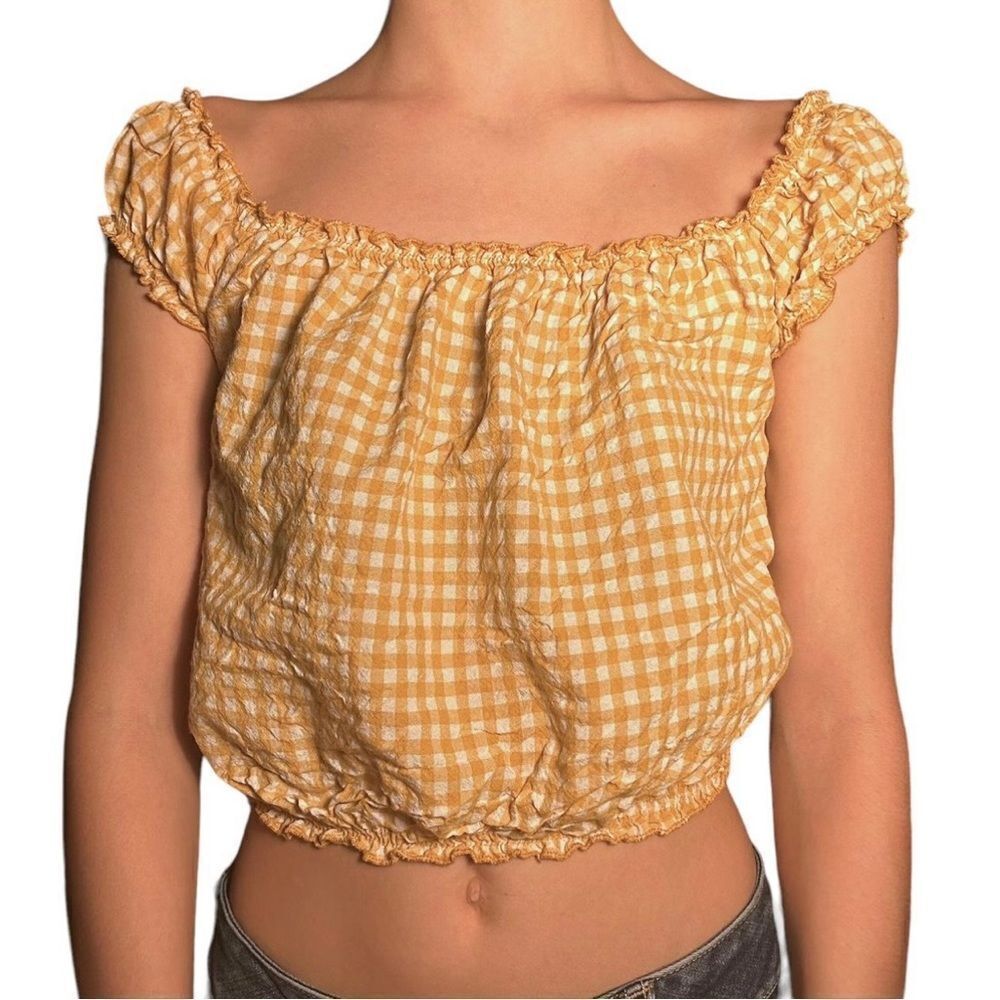 Brandy Melville Women Yellow Stretch Sleeveless Gingham Ruffle Crop Top Size: S